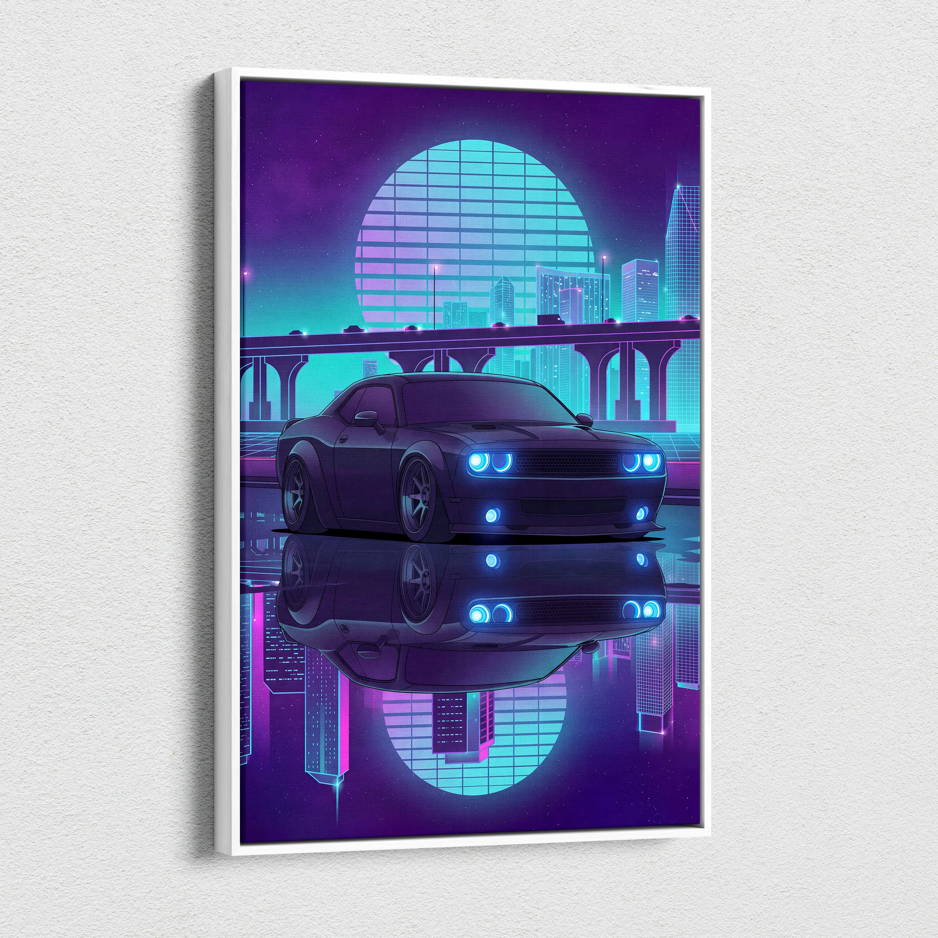 Dodge Challenger Inspired Gray Teal Canvas Wall Art, Vaporwave Muscle Car Artwork, Neon City Garage Decor, Retro Futuristic Auto Print