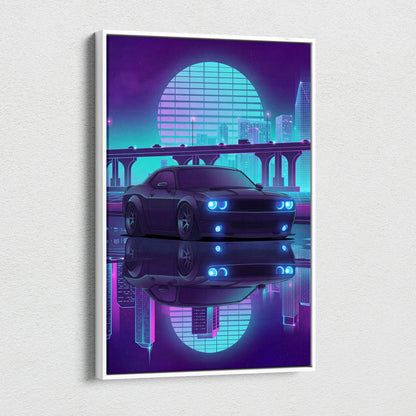 Dodge Challenger Inspired Gray Teal Canvas Wall Art, Vaporwave Muscle Car Artwork, Neon City Garage Decor, Retro Futuristic Auto Print