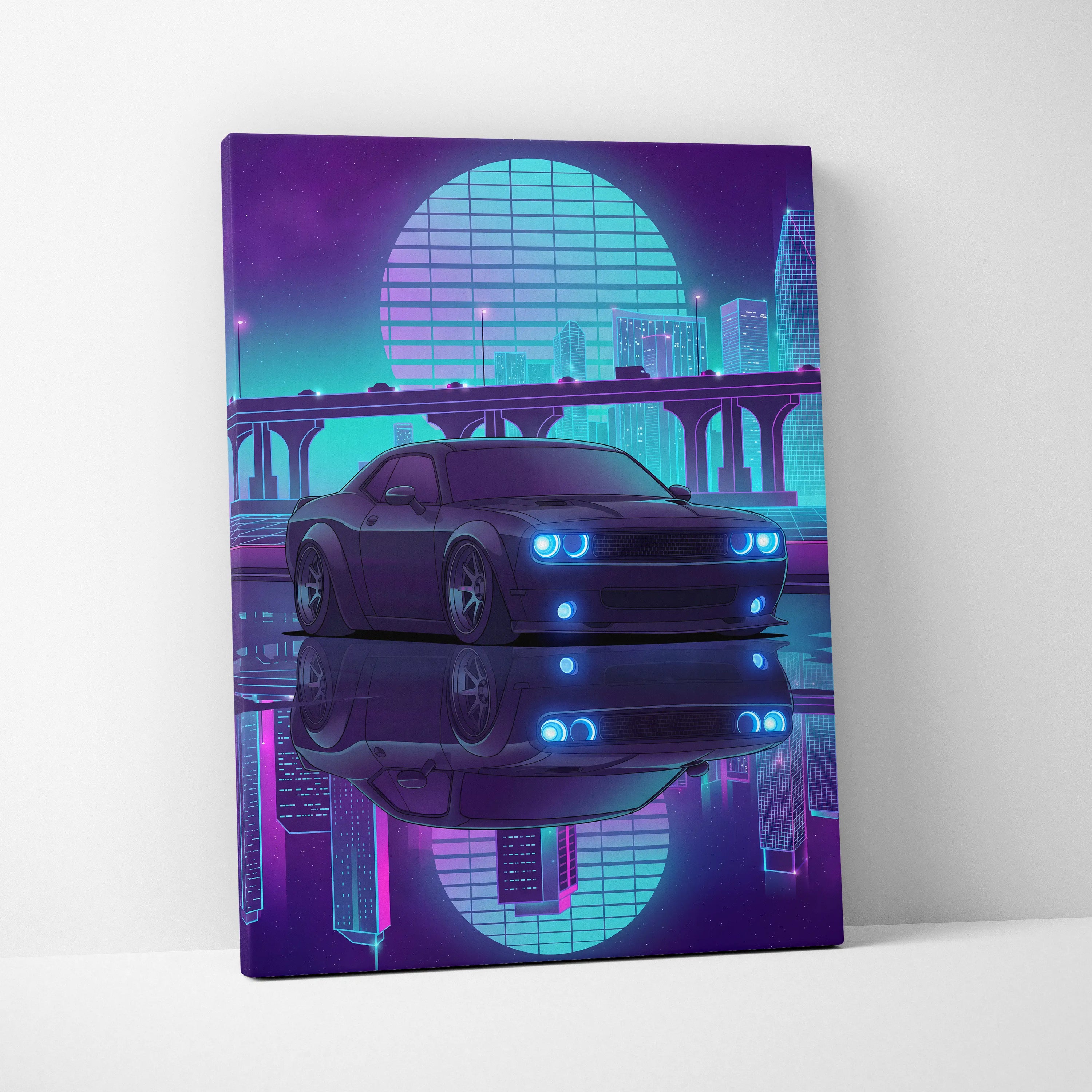 Dodge Challenger Inspired Gray Teal Canvas Wall Art, Vaporwave Muscle Car Artwork, Neon City Garage Decor, Retro Futuristic Auto Print