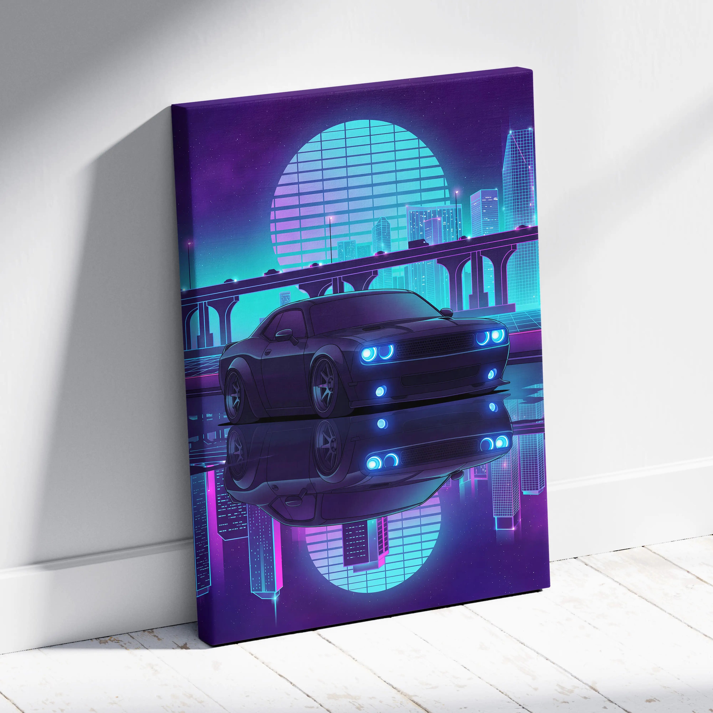 Dodge Challenger Inspired Gray Teal Canvas Wall Art, Vaporwave Muscle Car Artwork, Neon City Garage Decor, Retro Futuristic Auto Print