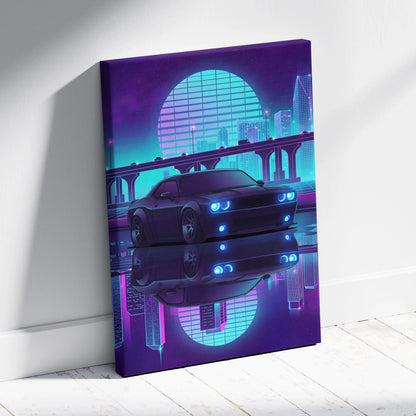 Dodge Challenger Inspired Gray Teal Canvas Wall Art, Vaporwave Muscle Car Artwork, Neon City Garage Decor, Retro Futuristic Auto Print
