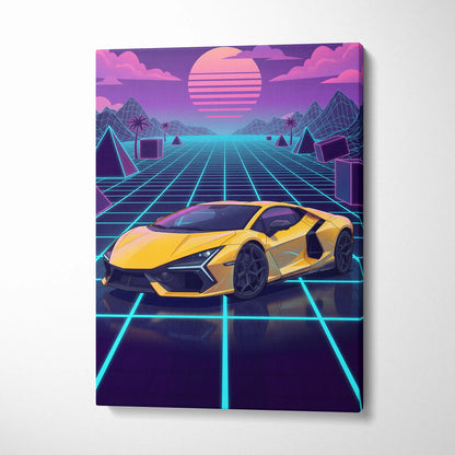 Lamborghini Revuelto Inspired Sunset Car Canvas - Car Neon Pink Purple Blue Vaporwave Mood Nostalgic Futuristic Decor Canvas