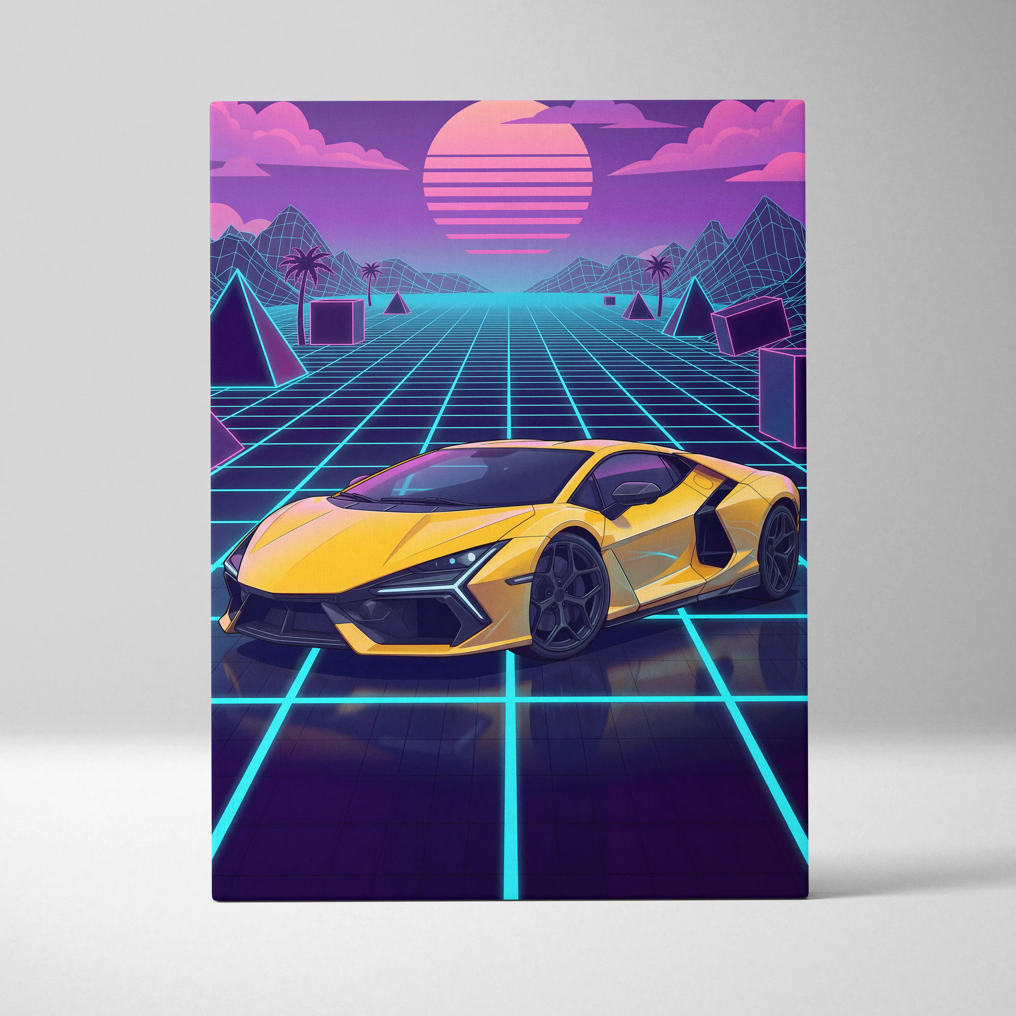 Lamborghini Revuelto Inspired Sunset Car Canvas - Car Neon Pink Purple Blue Vaporwave Mood Nostalgic Futuristic Decor Canvas