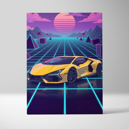 Lamborghini Revuelto Inspired Sunset Car Canvas - Car Neon Pink Purple Blue Vaporwave Mood Nostalgic Futuristic Decor Canvas