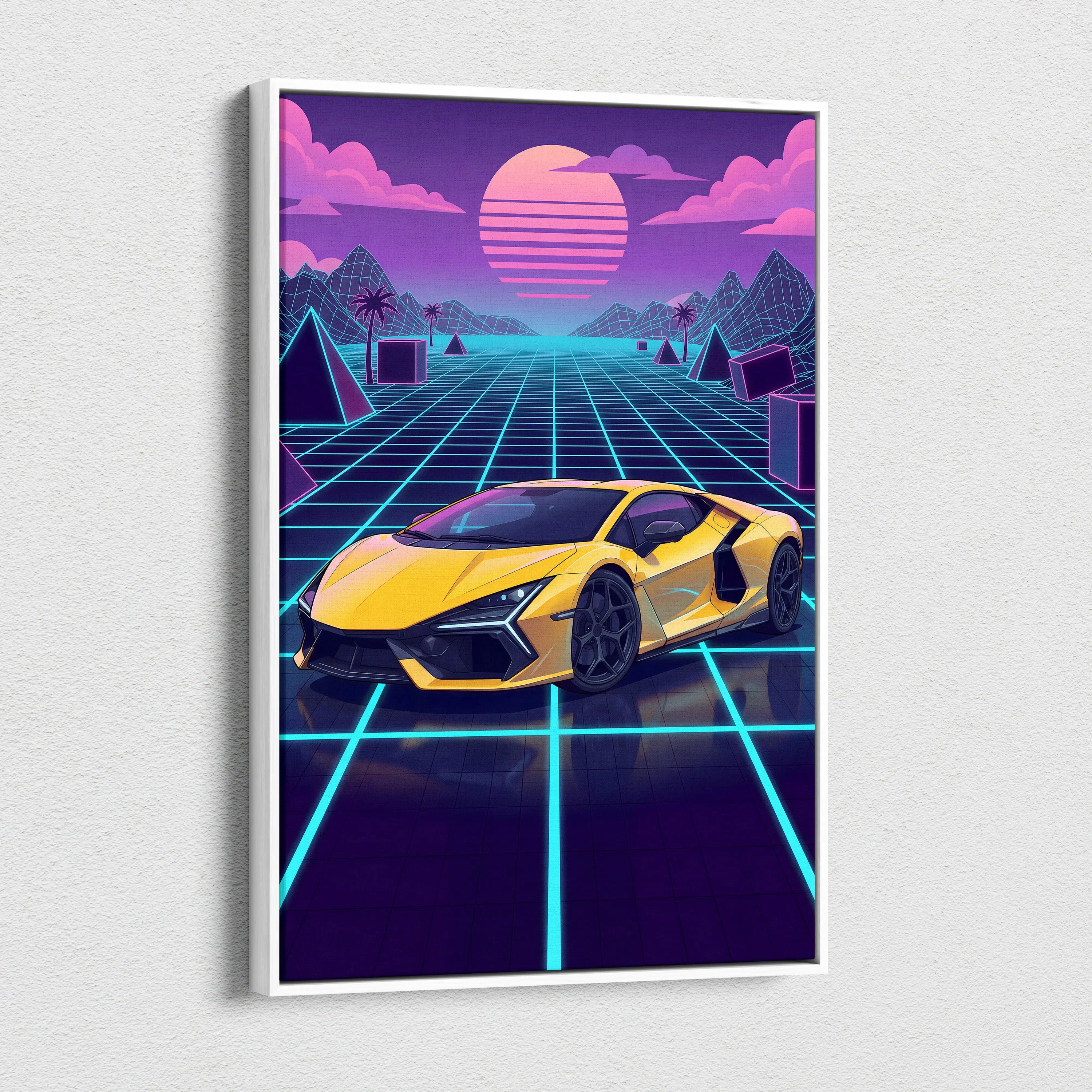 Lamborghini Revuelto Inspired Sunset Car Canvas - Car Neon Pink Purple Blue Vaporwave Mood Nostalgic Futuristic Decor Canvas