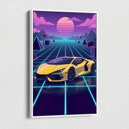 Lamborghini Revuelto Inspired Sunset Car Canvas - Car Neon Pink Purple Blue Vaporwave Mood Nostalgic Futuristic Decor Canvas