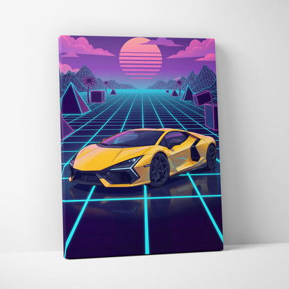Lamborghini Revuelto Inspired Sunset Car Canvas - Car Neon Pink Purple Blue Vaporwave Mood Nostalgic Futuristic Decor Canvas