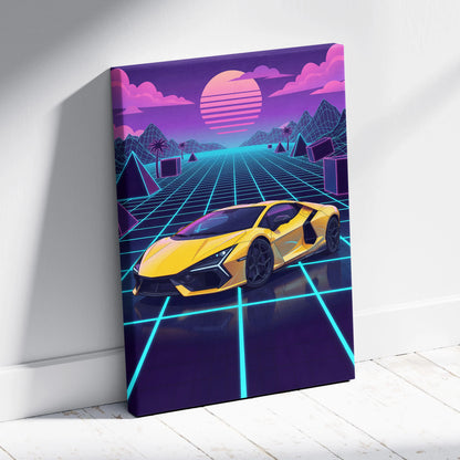 Lamborghini Revuelto Inspired Sunset Car Canvas - Car Neon Pink Purple Blue Vaporwave Mood Nostalgic Futuristic Decor Canvas