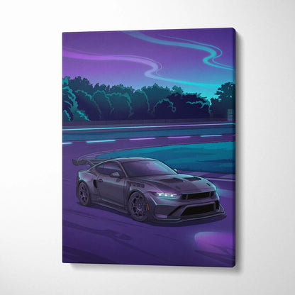 Ford Mustang Inspired Gray Purple Canvas Wall Art, Vaporwave Muscle Car Artwork, Neon Highway Decor, Retro Futuristic Garage Print