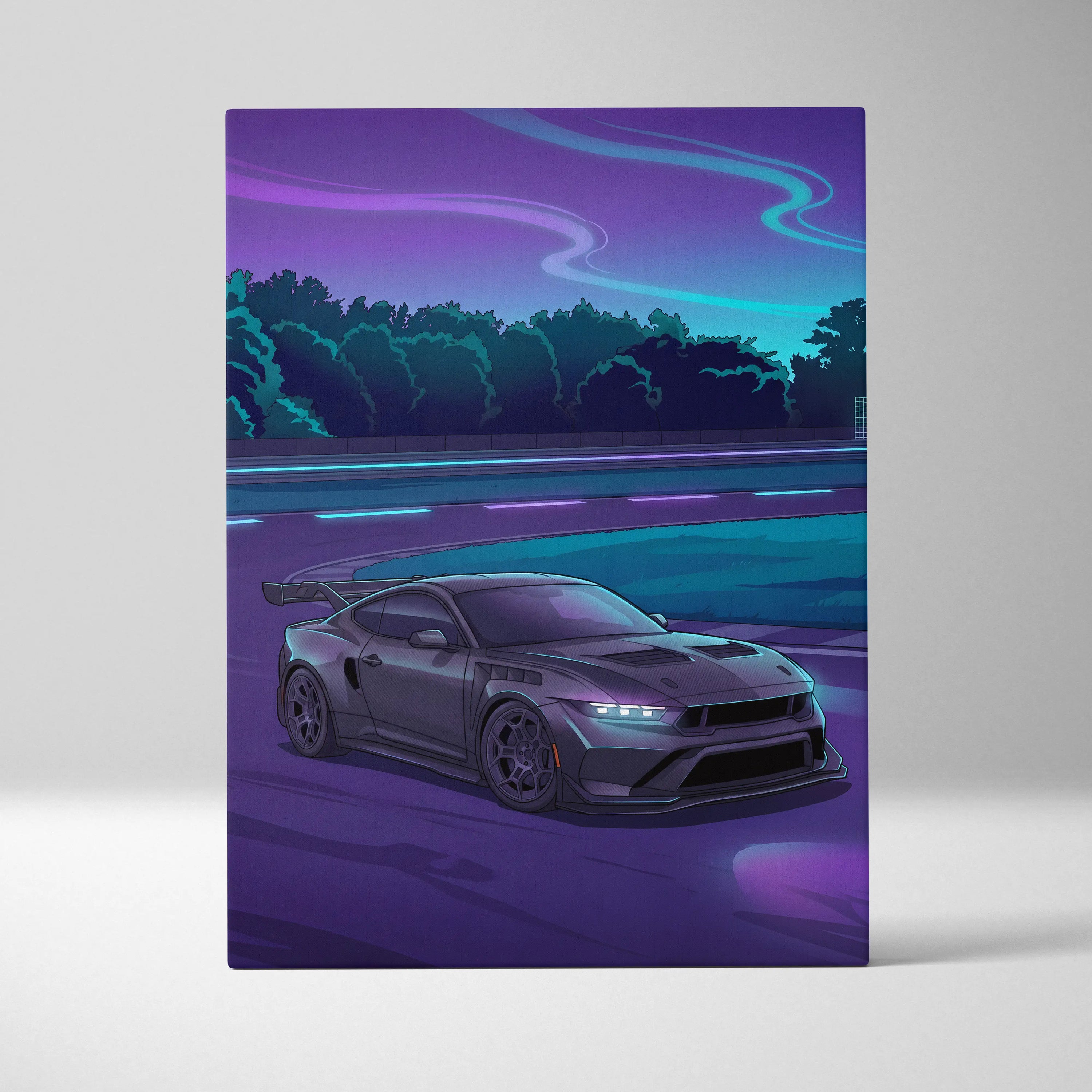 Ford Mustang Inspired Gray Purple Canvas Wall Art, Vaporwave Muscle Car Artwork, Neon Highway Decor, Retro Futuristic Garage Print