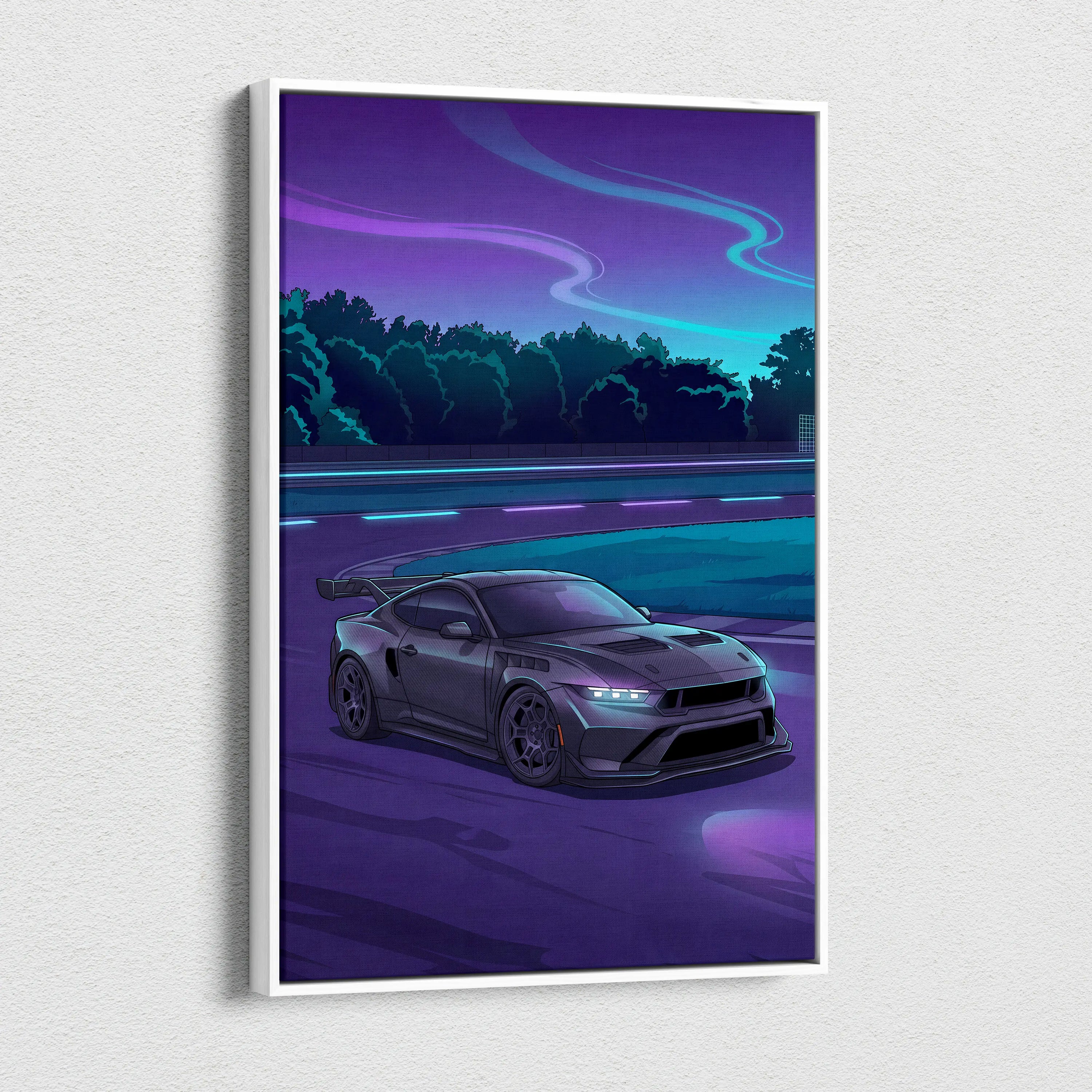 Ford Mustang Inspired Gray Purple Canvas Wall Art, Vaporwave Muscle Car Artwork, Neon Highway Decor, Retro Futuristic Garage Print