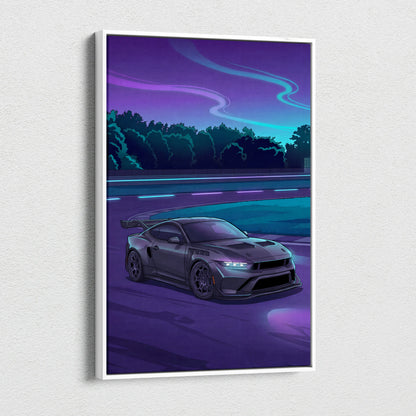 Ford Mustang Inspired Gray Purple Canvas Wall Art, Vaporwave Muscle Car Artwork, Neon Highway Decor, Retro Futuristic Garage Print