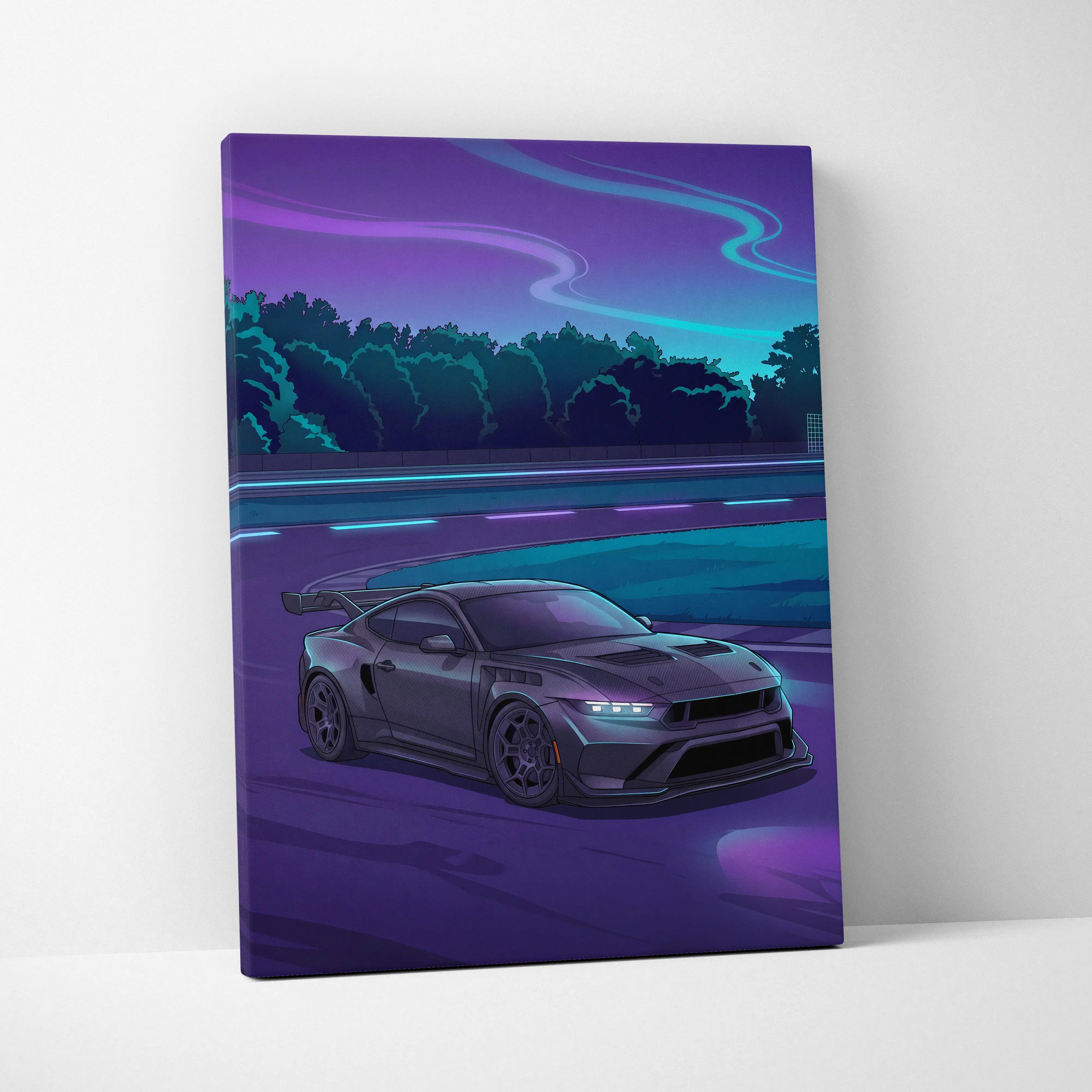 Ford Mustang Inspired Gray Purple Canvas Wall Art, Vaporwave Muscle Car Artwork, Neon Highway Decor, Retro Futuristic Garage Print