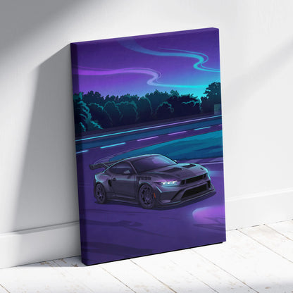 Ford Mustang Inspired Gray Purple Canvas Wall Art, Vaporwave Muscle Car Artwork, Neon Highway Decor, Retro Futuristic Garage Print