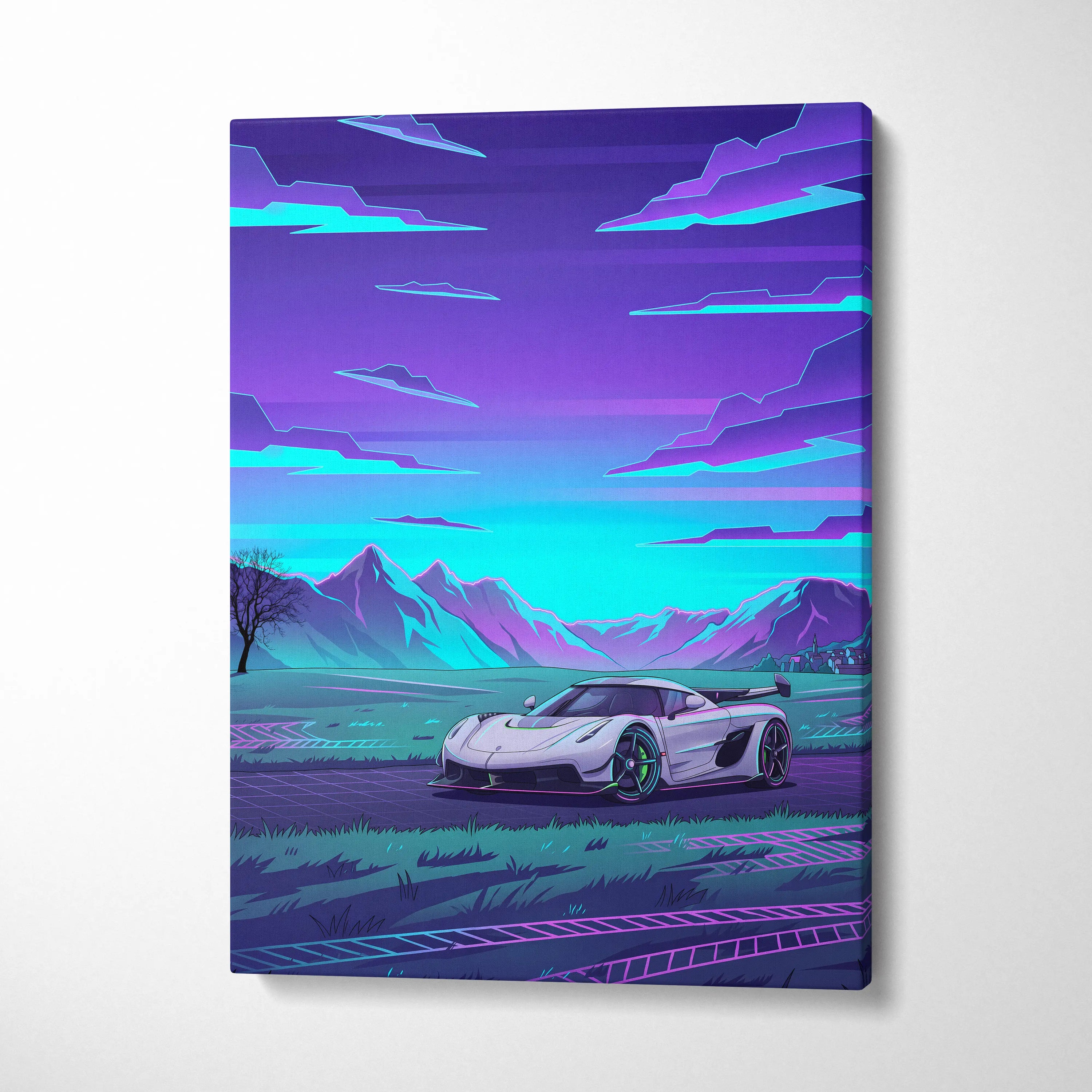 Koenigsegg Jesko Inspired White Purple Canvas Wall Art, Vaporwave Hypercar Artwork, Neon Mountain Garage Decor, Retro Futuristic Exotic Car Print
