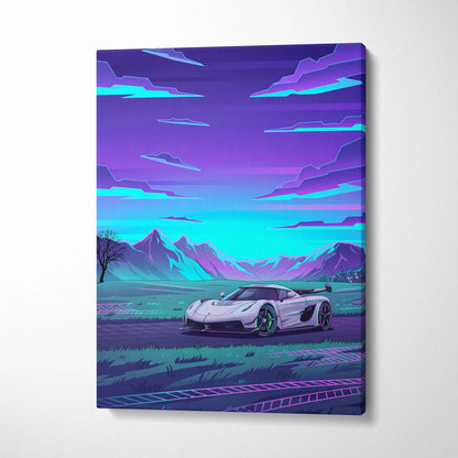 Koenigsegg Jesko Inspired White Purple Canvas Wall Art, Vaporwave Hypercar Artwork, Neon Mountain Garage Decor, Retro Futuristic Exotic Car Print