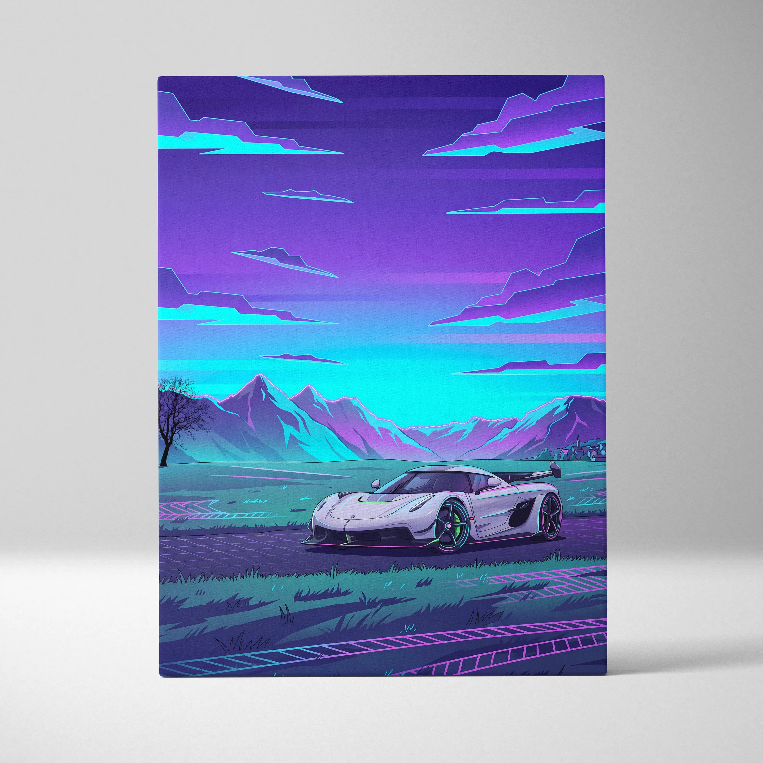 Koenigsegg Jesko Inspired White Purple Canvas Wall Art, Vaporwave Hypercar Artwork, Neon Mountain Garage Decor, Retro Futuristic Exotic Car Print