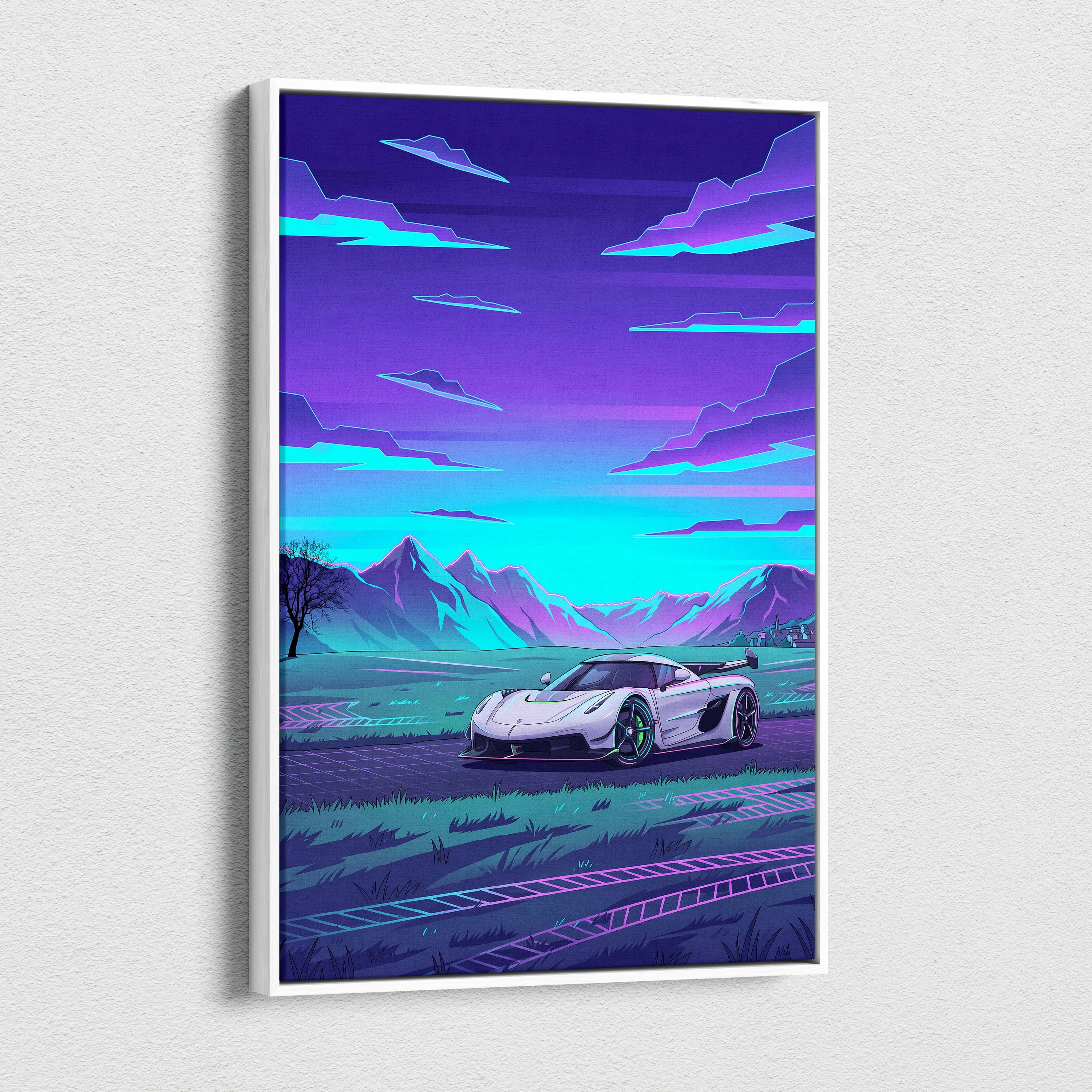 Koenigsegg Jesko Inspired White Purple Canvas Wall Art, Vaporwave Hypercar Artwork, Neon Mountain Garage Decor, Retro Futuristic Exotic Car Print