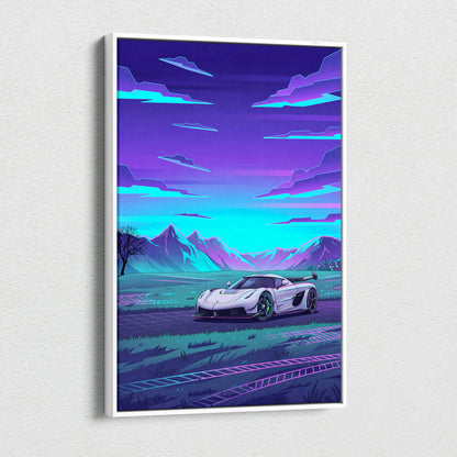 Koenigsegg Jesko Inspired White Purple Canvas Wall Art, Vaporwave Hypercar Artwork, Neon Mountain Garage Decor, Retro Futuristic Exotic Car Print