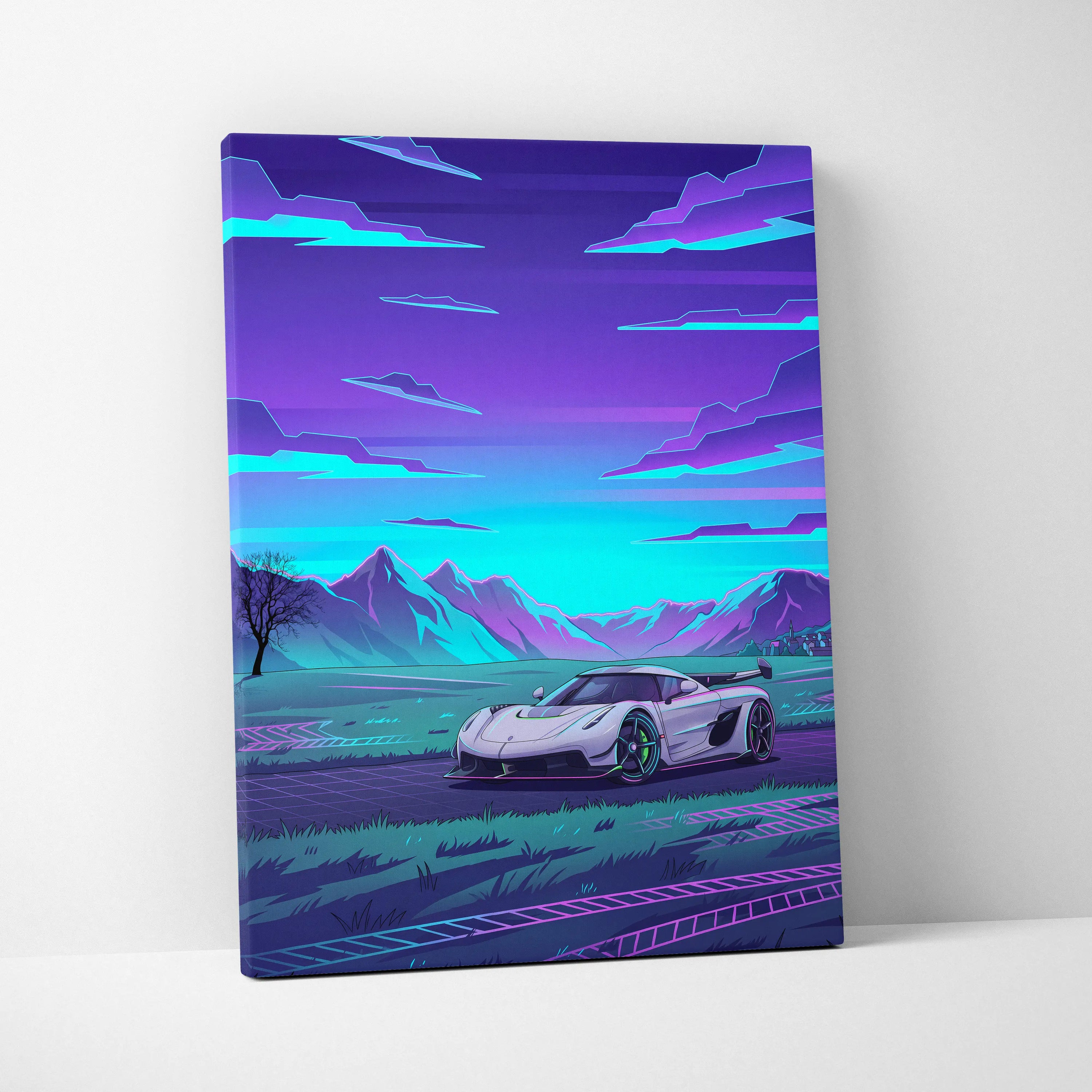 Koenigsegg Jesko Inspired White Purple Canvas Wall Art, Vaporwave Hypercar Artwork, Neon Mountain Garage Decor, Retro Futuristic Exotic Car Print