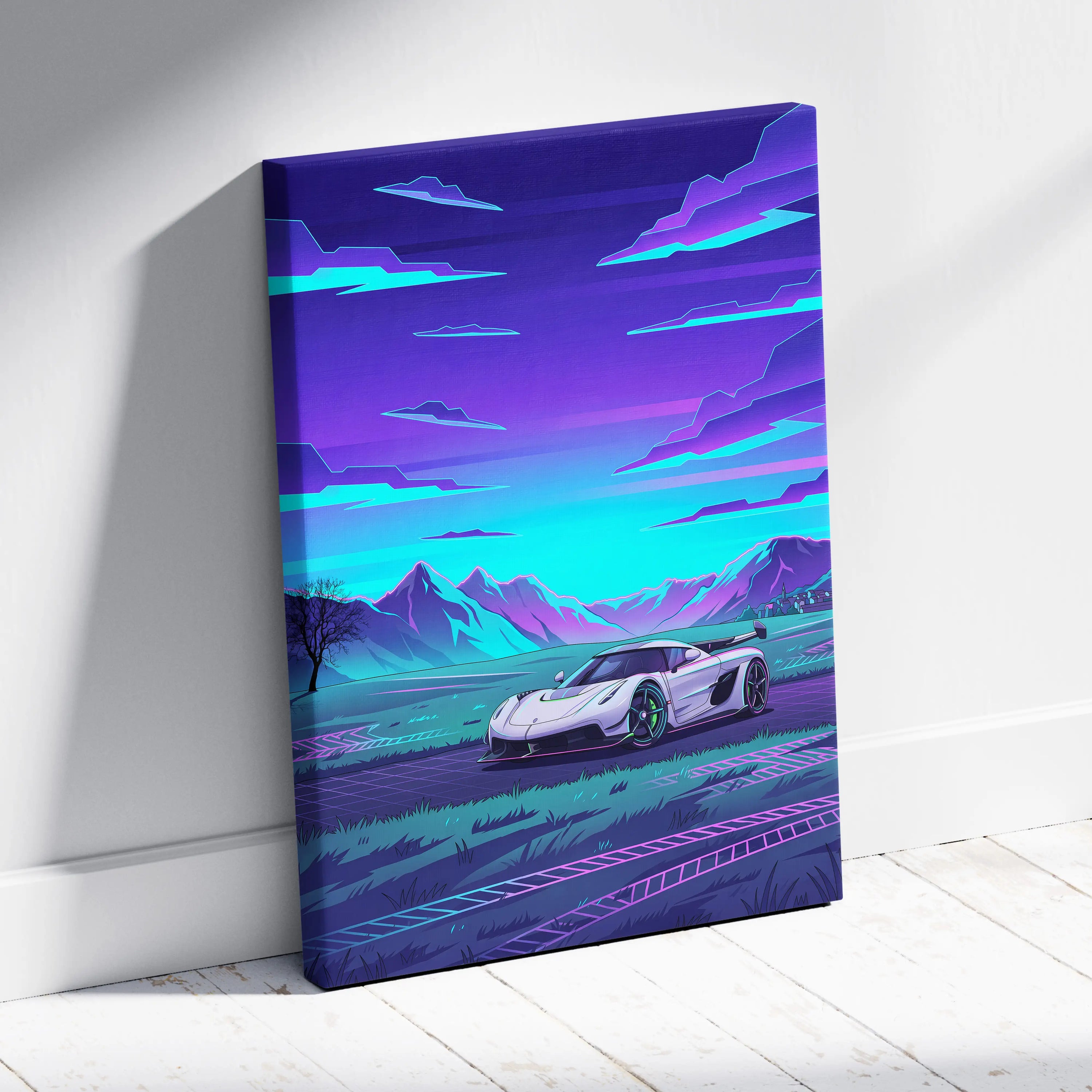 Koenigsegg Jesko Inspired White Purple Canvas Wall Art, Vaporwave Hypercar Artwork, Neon Mountain Garage Decor, Retro Futuristic Exotic Car Print