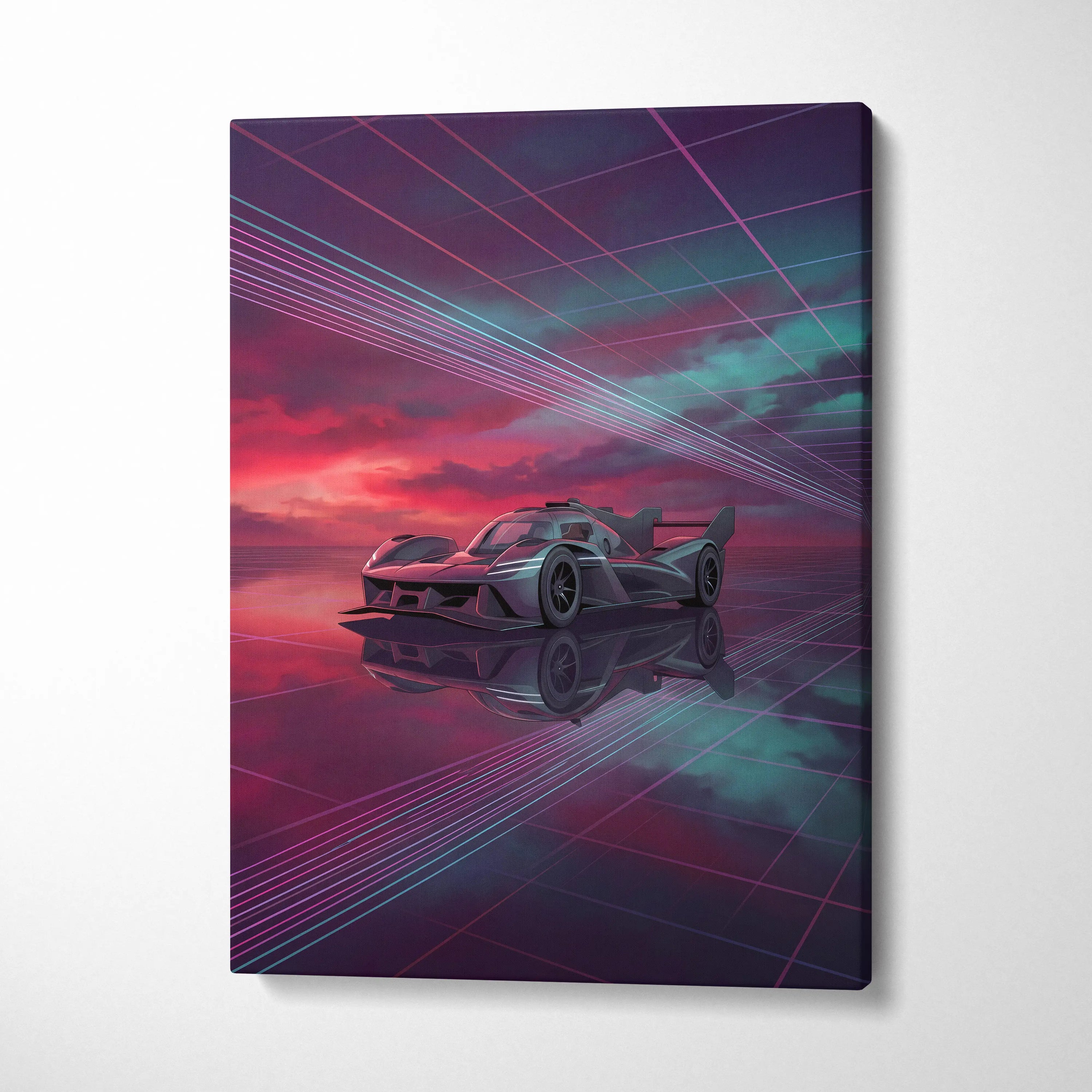 Genesis GMR 001 Inspired Purple Teal Canvas Wall Art, Vaporwave Racing Sunset, Futuristic Garage Decor, Hypercar Motorsport Artwork