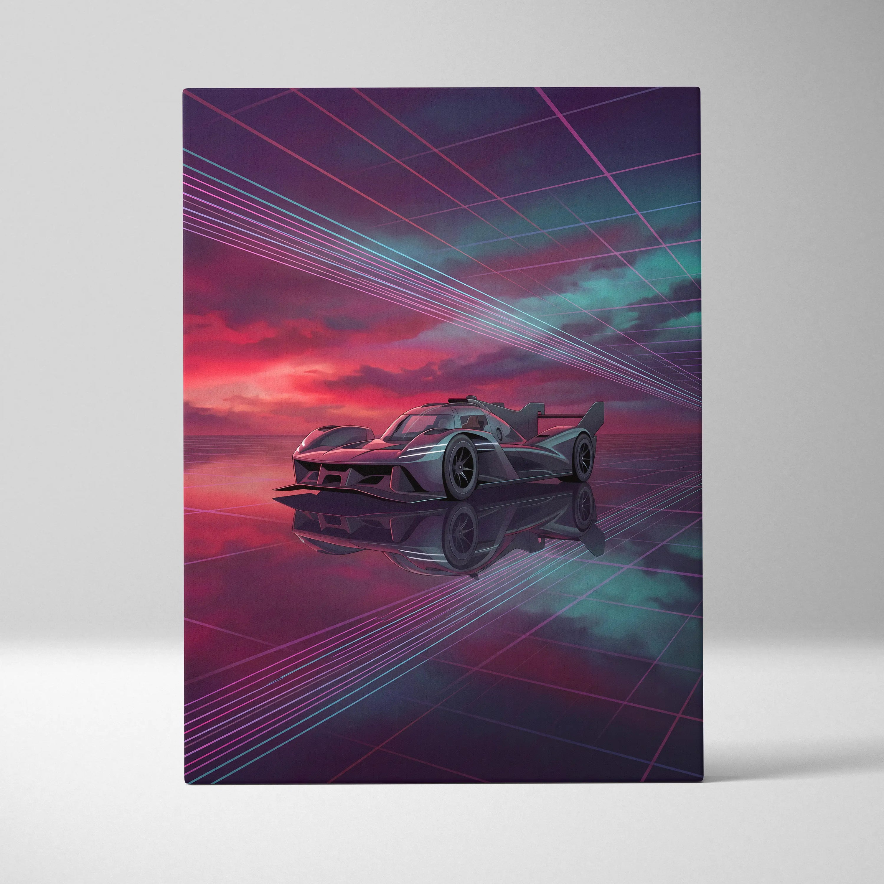 Genesis GMR 001 Inspired Purple Teal Canvas Wall Art, Vaporwave Racing Sunset, Futuristic Garage Decor, Hypercar Motorsport Artwork