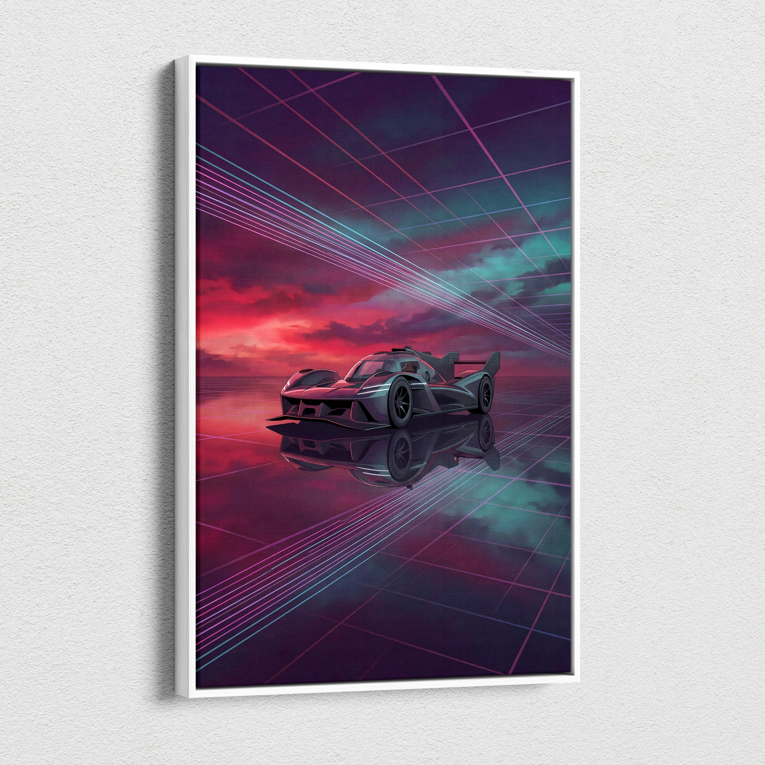 Genesis GMR 001 Inspired Purple Teal Canvas Wall Art, Vaporwave Racing Sunset, Futuristic Garage Decor, Hypercar Motorsport Artwork