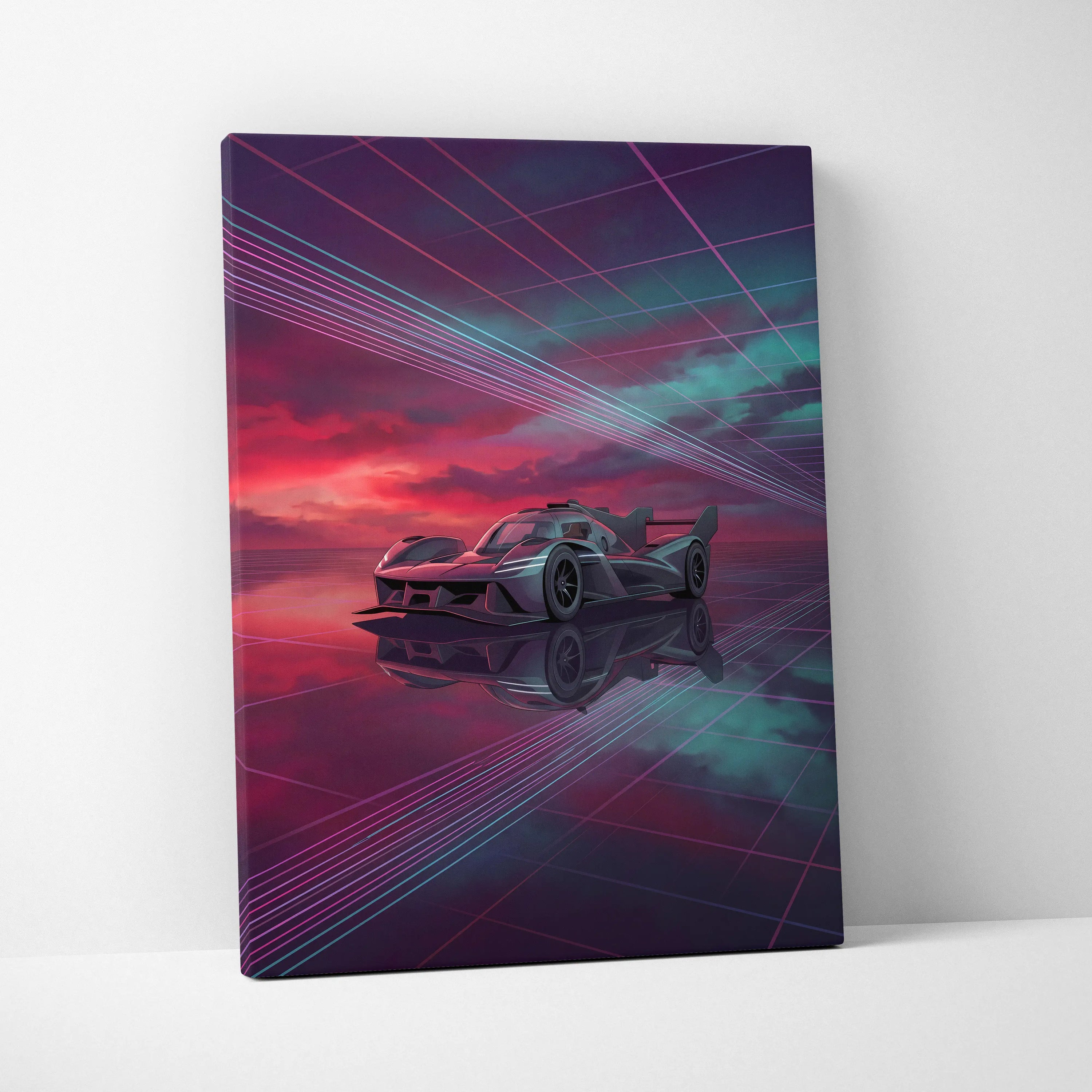 Genesis GMR 001 Inspired Purple Teal Canvas Wall Art, Vaporwave Racing Sunset, Futuristic Garage Decor, Hypercar Motorsport Artwork
