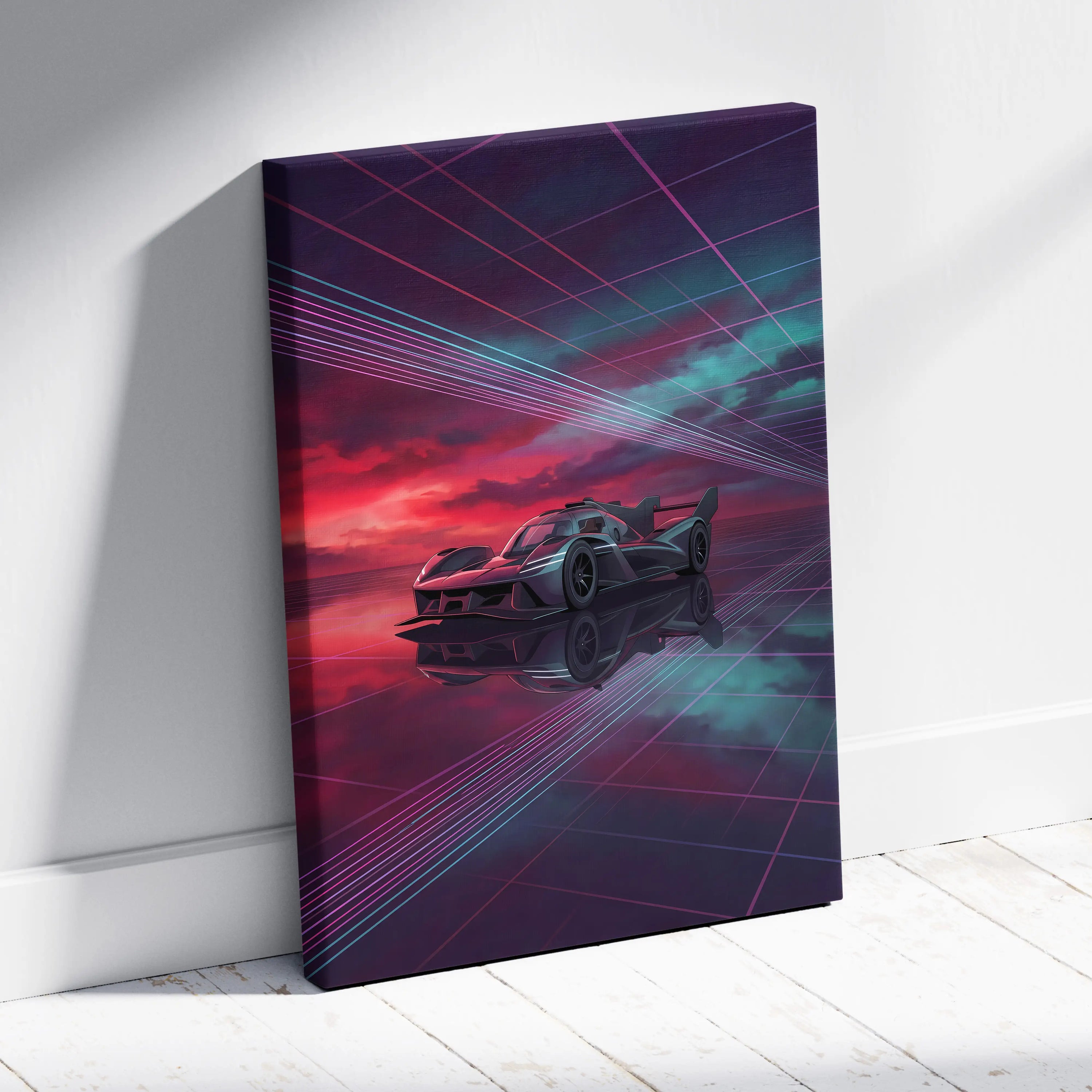 Genesis GMR 001 Inspired Purple Teal Canvas Wall Art, Vaporwave Racing Sunset, Futuristic Garage Decor, Hypercar Motorsport Artwork