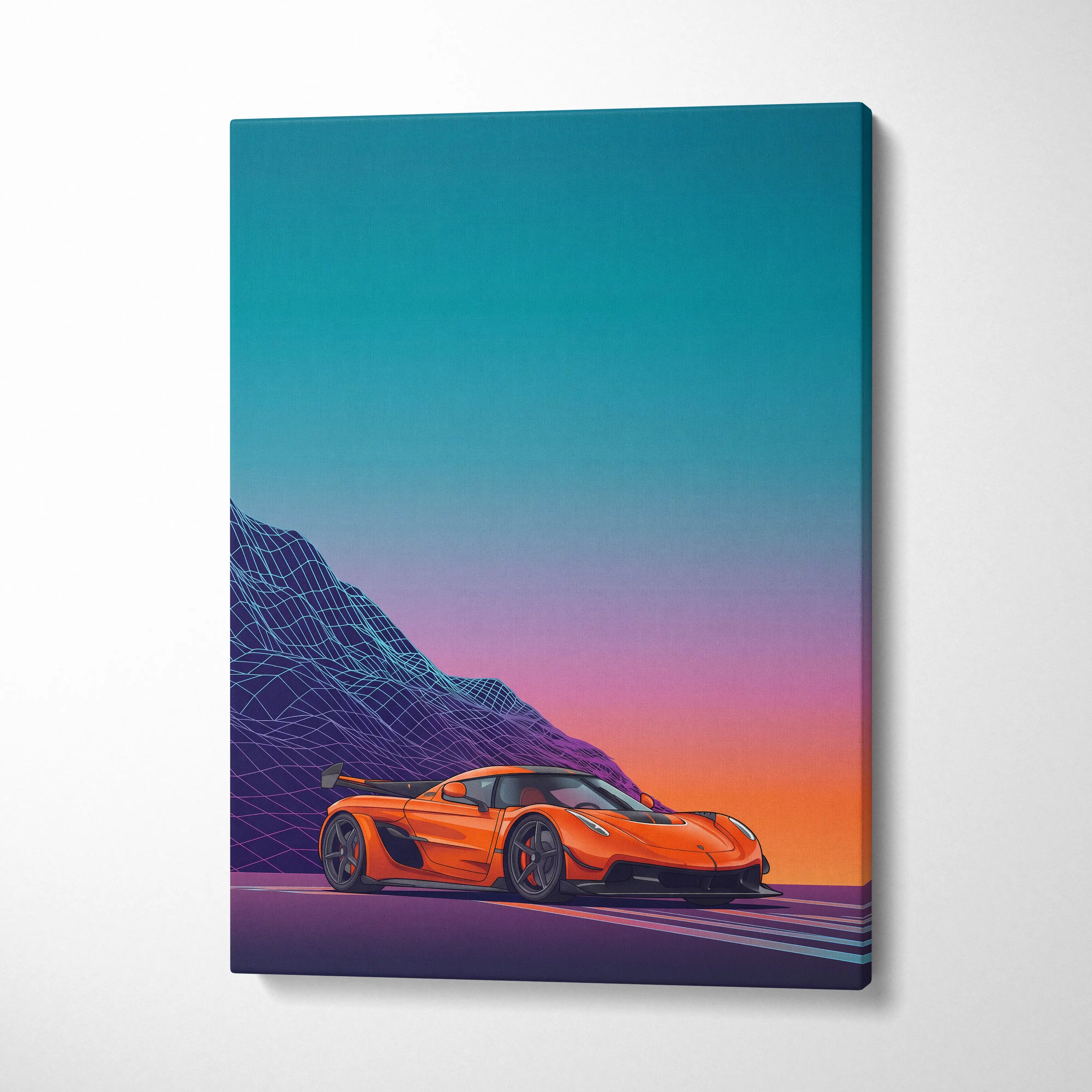 Koenigsegg Jesko Inspired Orange Teal Canvas Wall Art, Vaporwave Hypercar Artwork, Neon Mountain Garage Decor, Retro Futuristic Exotic Car Print