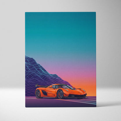 Koenigsegg Jesko Inspired Orange Teal Canvas Wall Art, Vaporwave Hypercar Artwork, Neon Mountain Garage Decor, Retro Futuristic Exotic Car Print