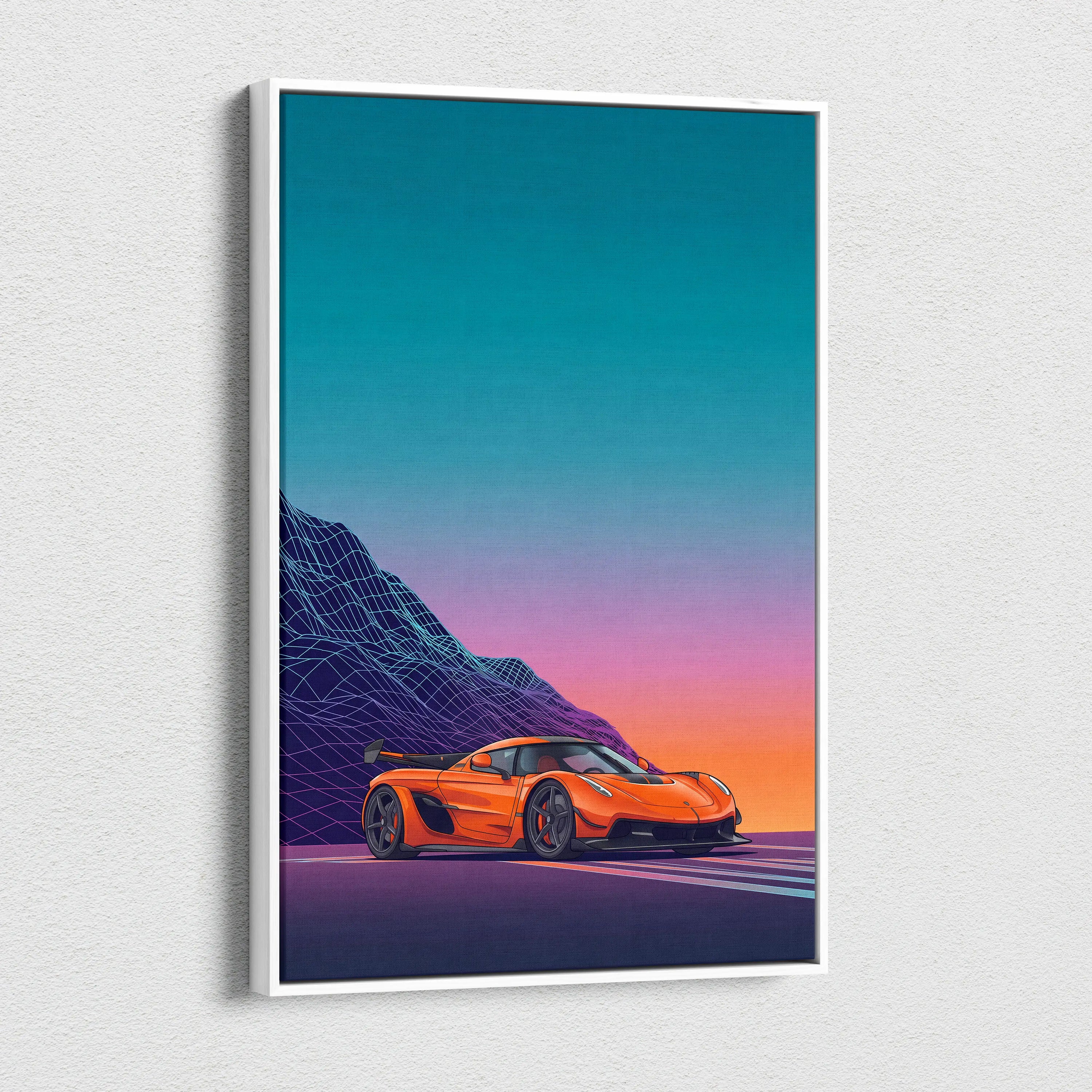 Koenigsegg Jesko Inspired Orange Teal Canvas Wall Art, Vaporwave Hypercar Artwork, Neon Mountain Garage Decor, Retro Futuristic Exotic Car Print