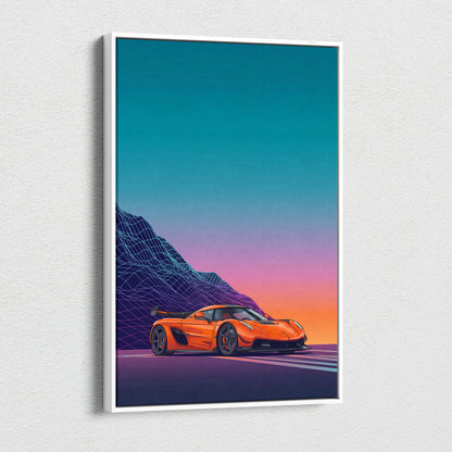 Koenigsegg Jesko Inspired Orange Teal Canvas Wall Art, Vaporwave Hypercar Artwork, Neon Mountain Garage Decor, Retro Futuristic Exotic Car Print