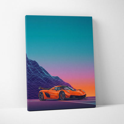 Koenigsegg Jesko Inspired Orange Teal Canvas Wall Art, Vaporwave Hypercar Artwork, Neon Mountain Garage Decor, Retro Futuristic Exotic Car Print