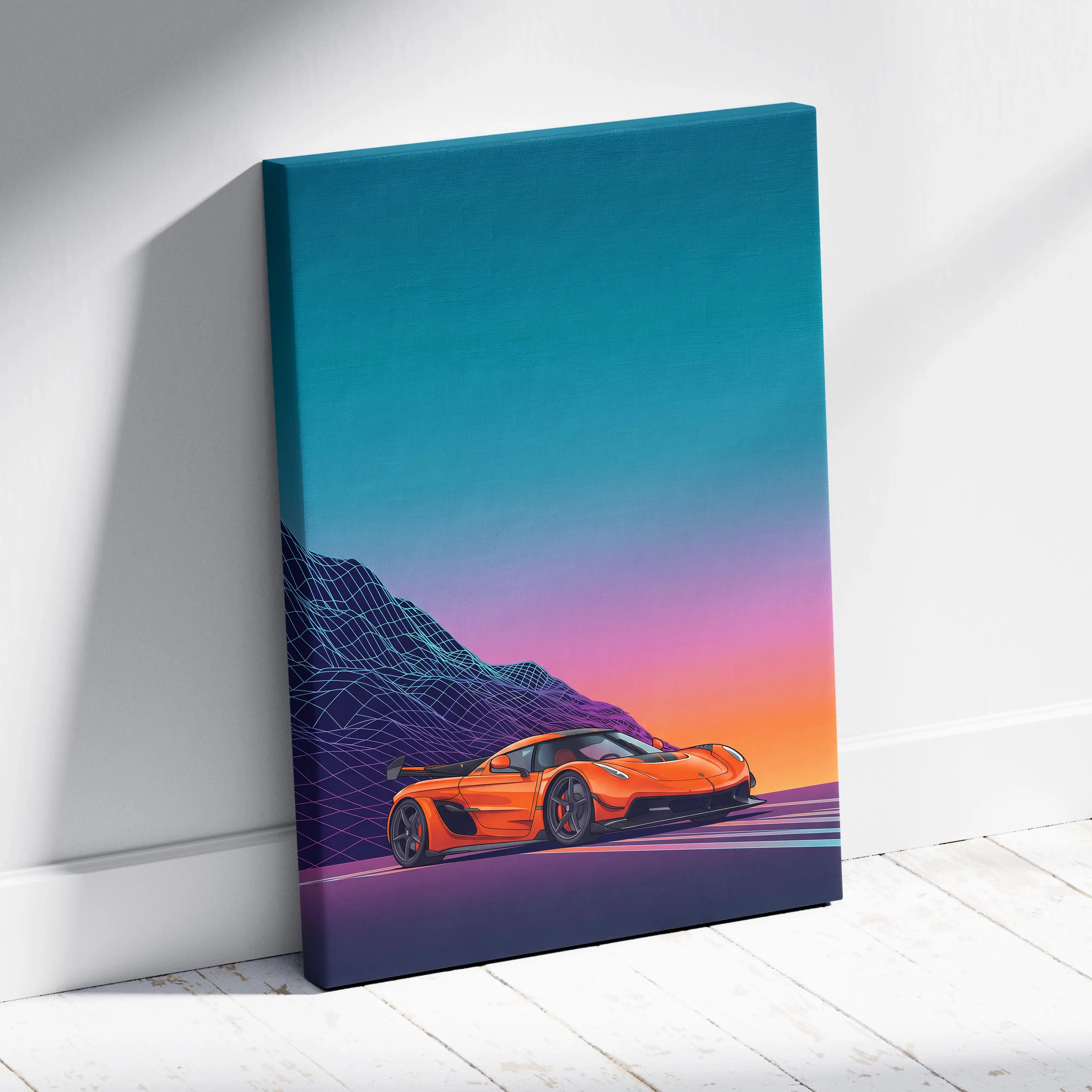 Koenigsegg Jesko Inspired Orange Teal Canvas Wall Art, Vaporwave Hypercar Artwork, Neon Mountain Garage Decor, Retro Futuristic Exotic Car Print