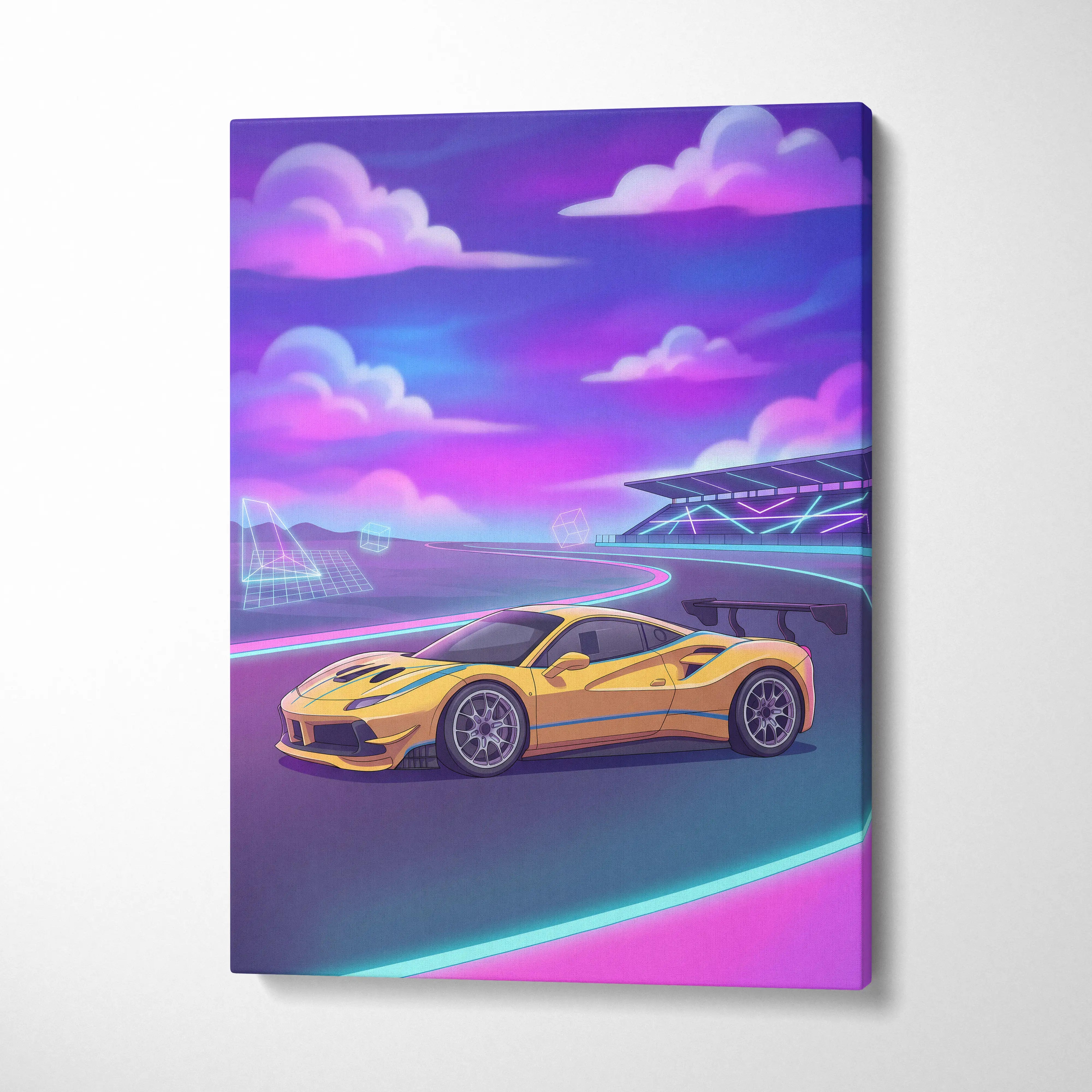 Ferrari 488 Inspired Yellow Purple Canvas Wall Art, Vaporwave Race Car Artwork, Neon Motorsport Decor, Retro Futuristic Garage Art