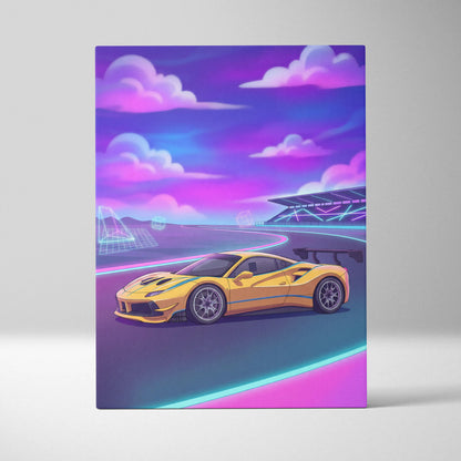 Ferrari 488 Inspired Yellow Purple Canvas Wall Art, Vaporwave Race Car Artwork, Neon Motorsport Decor, Retro Futuristic Garage Art