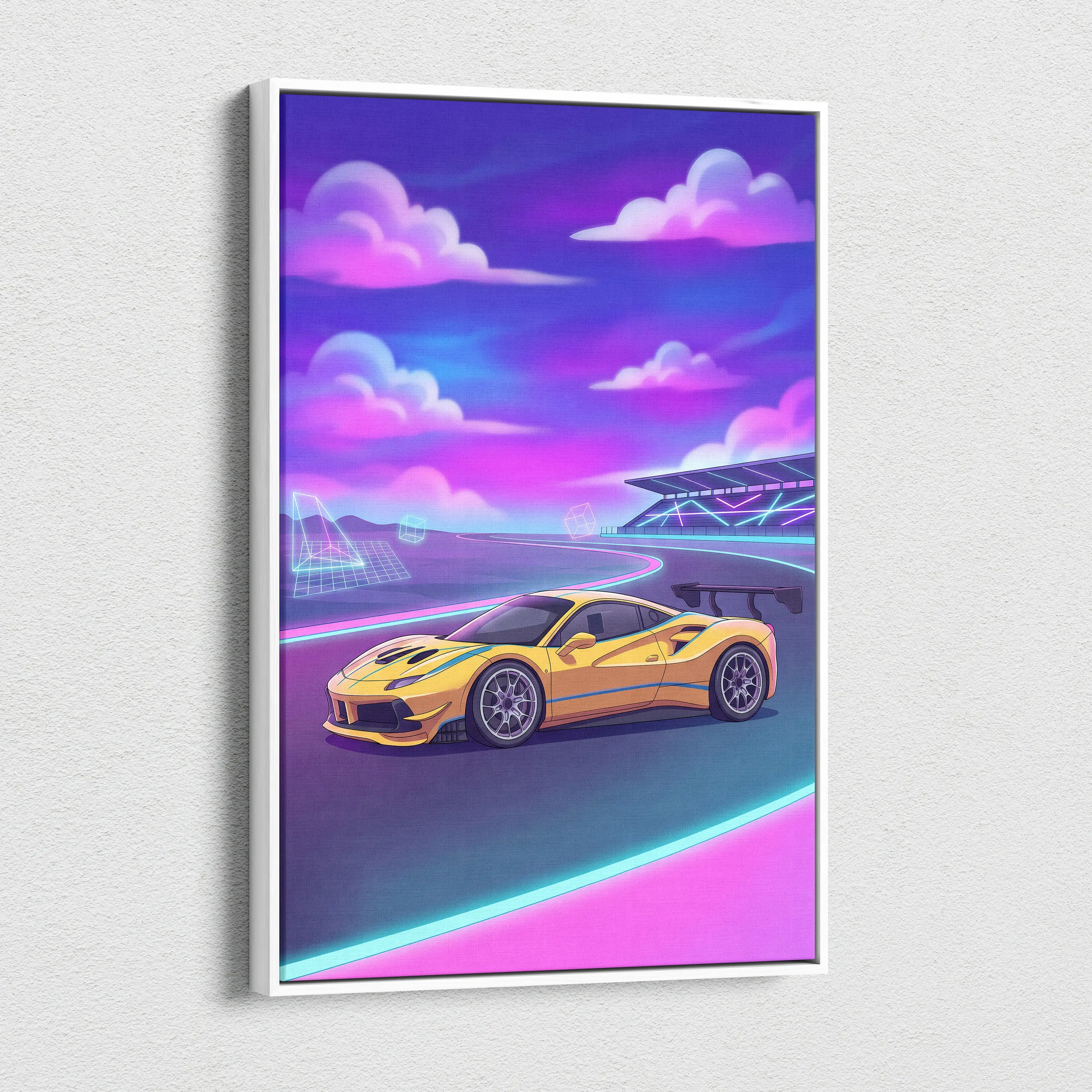 Ferrari 488 Inspired Yellow Purple Canvas Wall Art, Vaporwave Race Car Artwork, Neon Motorsport Decor, Retro Futuristic Garage Art