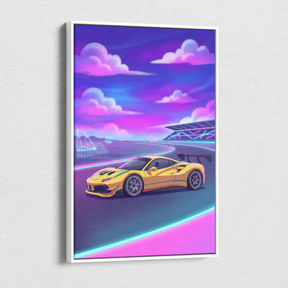 Ferrari 488 Inspired Yellow Purple Canvas Wall Art, Vaporwave Race Car Artwork, Neon Motorsport Decor, Retro Futuristic Garage Art