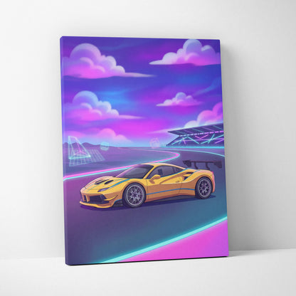 Ferrari 488 Inspired Yellow Purple Canvas Wall Art, Vaporwave Race Car Artwork, Neon Motorsport Decor, Retro Futuristic Garage Art
