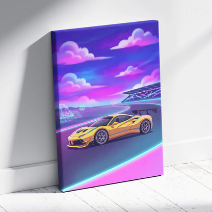 Ferrari 488 Inspired Yellow Purple Canvas Wall Art, Vaporwave Race Car Artwork, Neon Motorsport Decor, Retro Futuristic Garage Art