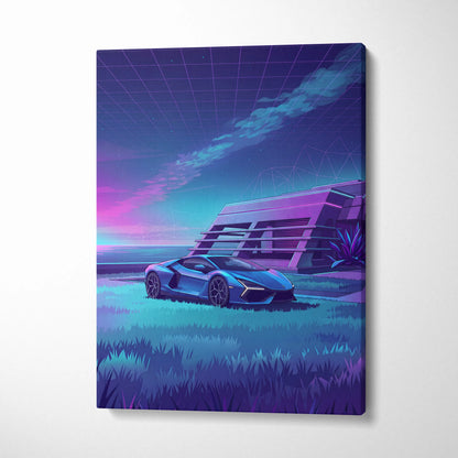 Lamborghini Revuelto Inspired Blue Purple Canvas Wall Art, Vaporwave Neon House Garage Decor, Moody Futuristic Supercar Artwork