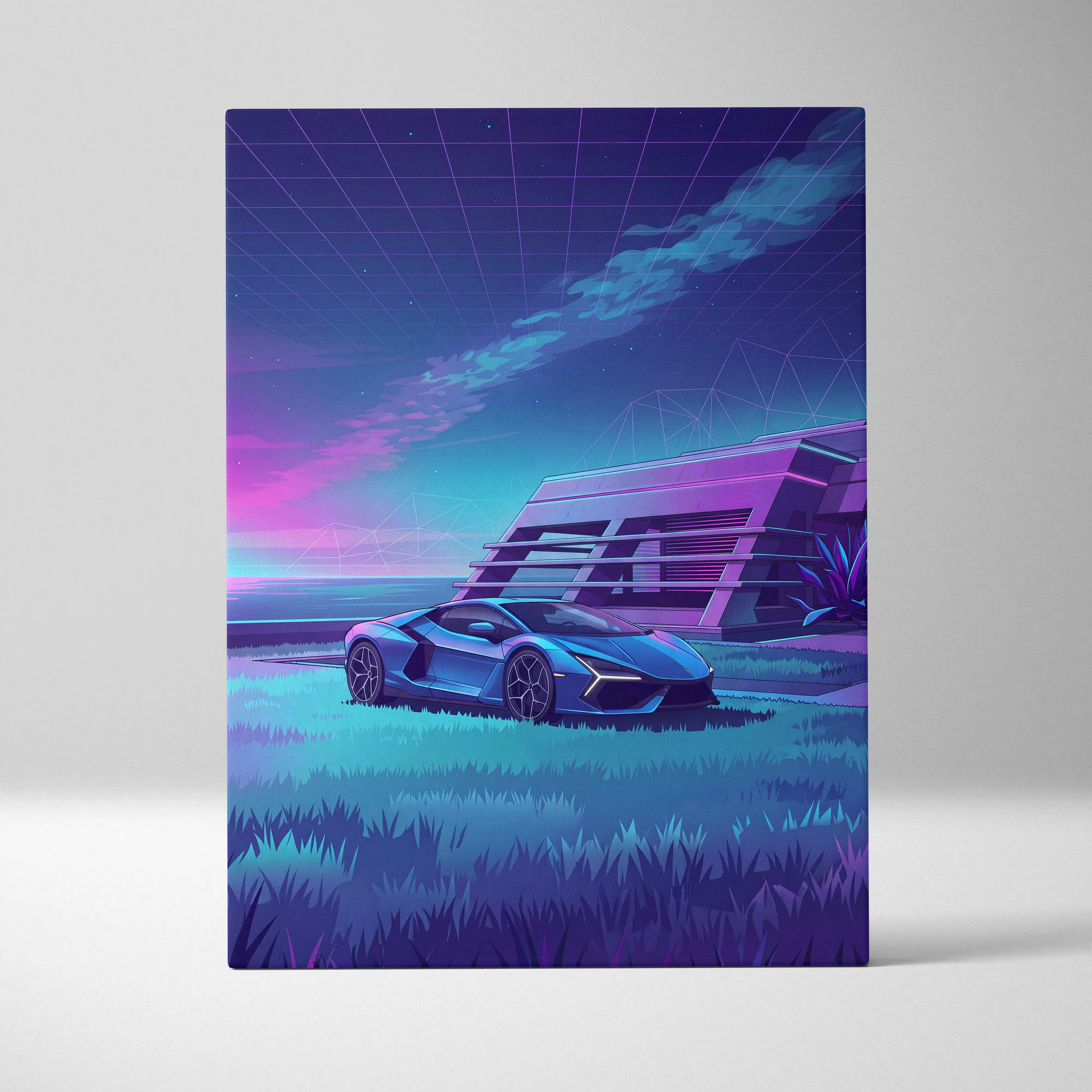 Lamborghini Revuelto Inspired Blue Purple Canvas Wall Art, Vaporwave Neon House Garage Decor, Moody Futuristic Supercar Artwork