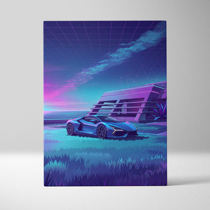 Lamborghini Revuelto Inspired Blue Purple Canvas Wall Art, Vaporwave Neon House Garage Decor, Moody Futuristic Supercar Artwork