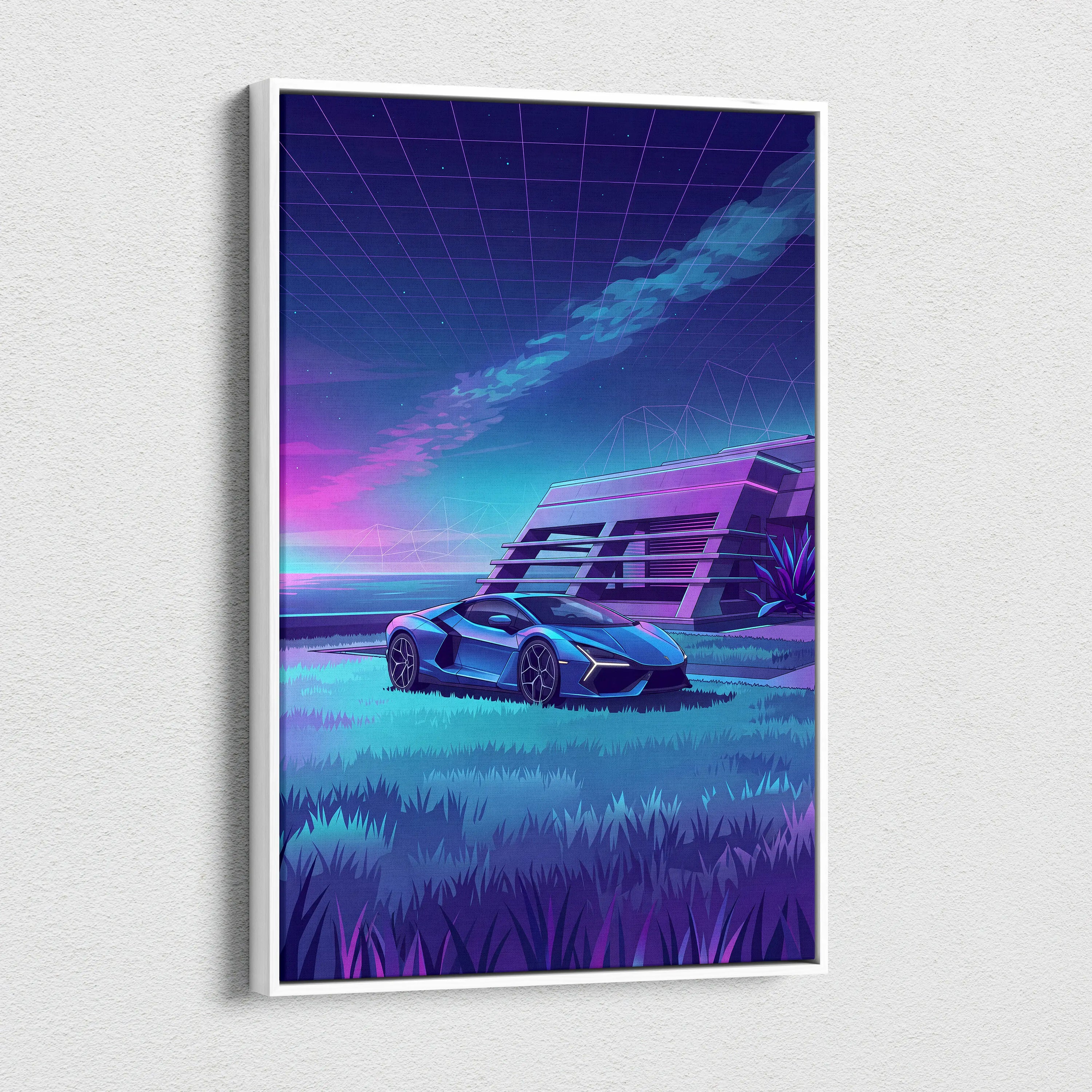 Lamborghini Revuelto Inspired Blue Purple Canvas Wall Art, Vaporwave Neon House Garage Decor, Moody Futuristic Supercar Artwork