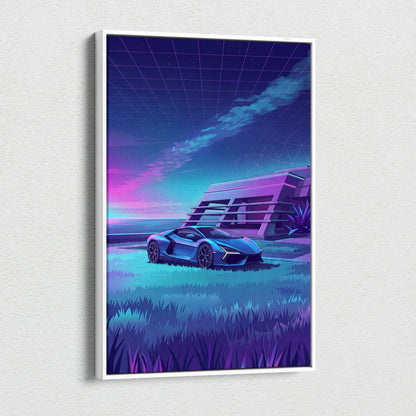 Lamborghini Revuelto Inspired Blue Purple Canvas Wall Art, Vaporwave Neon House Garage Decor, Moody Futuristic Supercar Artwork