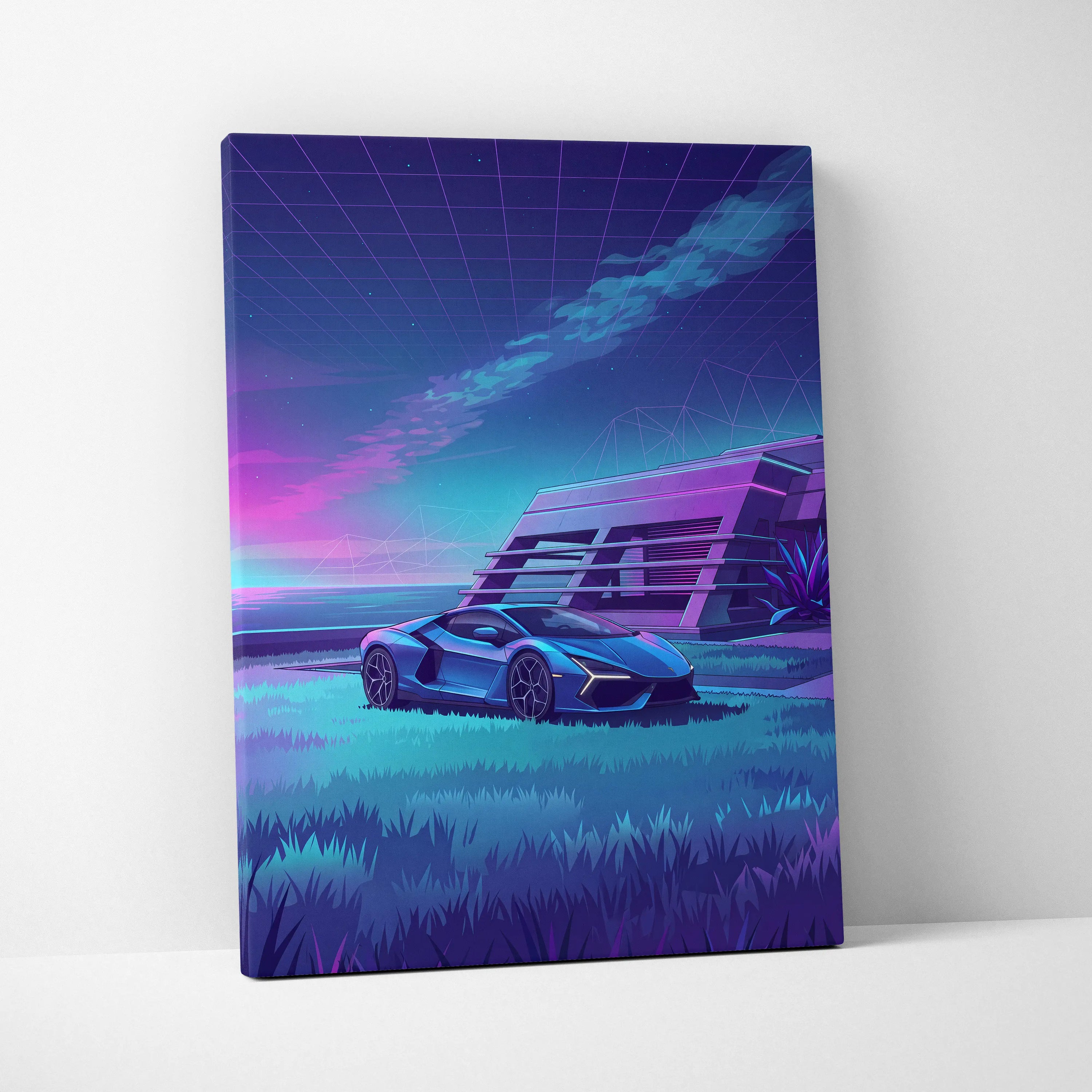 Lamborghini Revuelto Inspired Blue Purple Canvas Wall Art, Vaporwave Neon House Garage Decor, Moody Futuristic Supercar Artwork