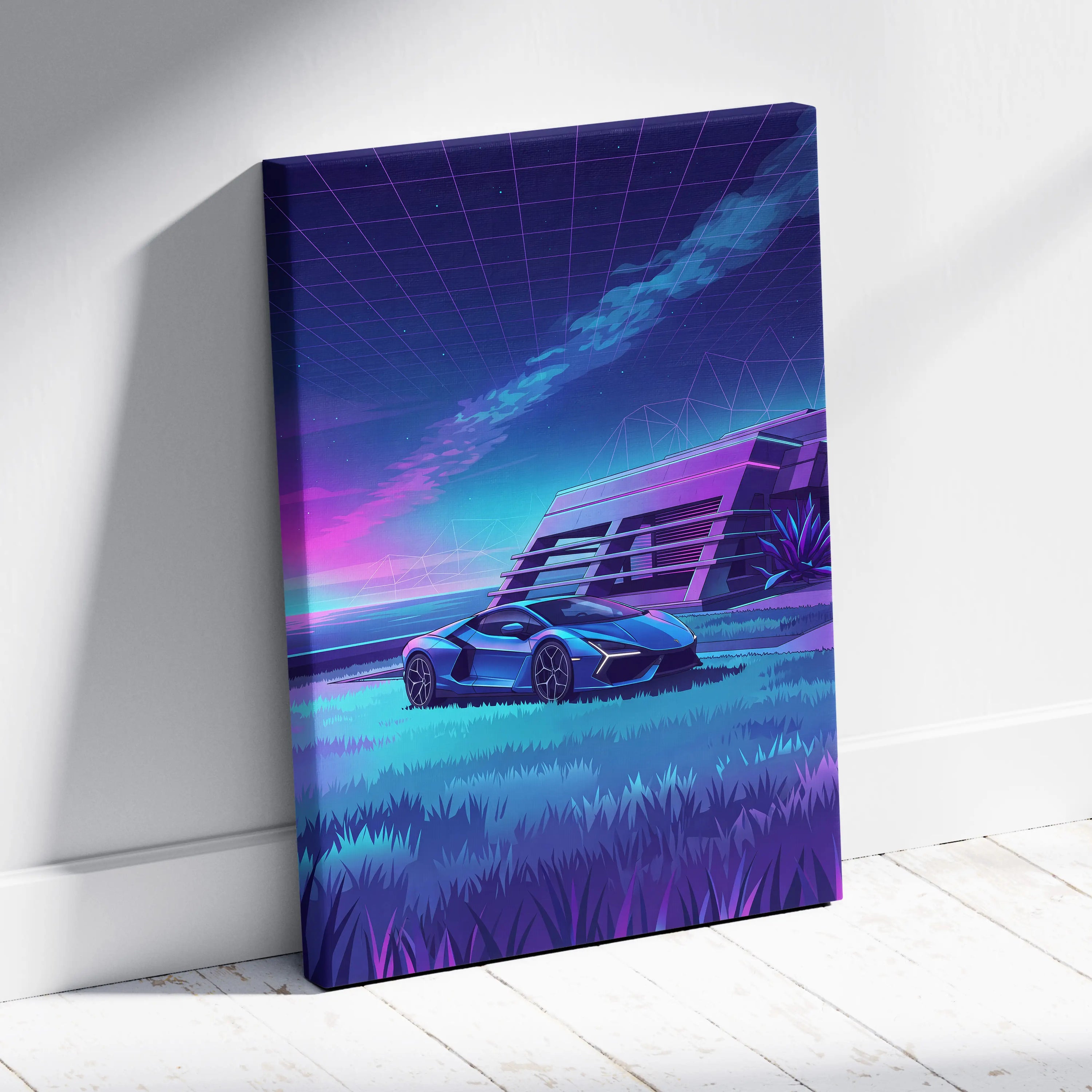 Lamborghini Revuelto Inspired Blue Purple Canvas Wall Art, Vaporwave Neon House Garage Decor, Moody Futuristic Supercar Artwork