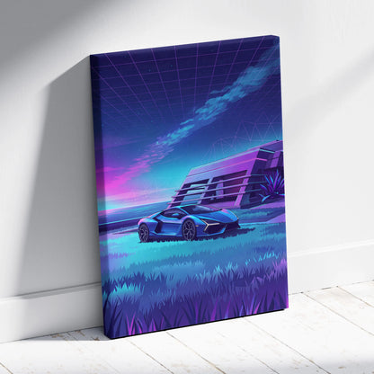 Lamborghini Revuelto Inspired Blue Purple Canvas Wall Art, Vaporwave Neon House Garage Decor, Moody Futuristic Supercar Artwork